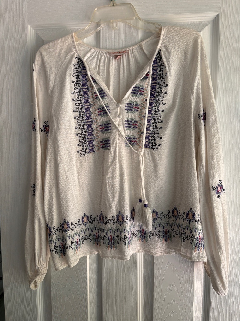 Knox Rose Boho Embroidered White Peasant Blouse Medium